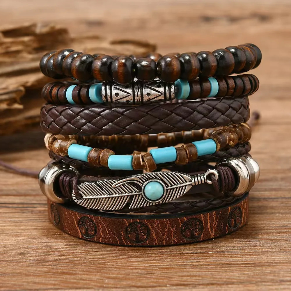 Vintage Feather Casual 6 Pc/set Tree Handmade Men Bracelets Male Women Leather B
