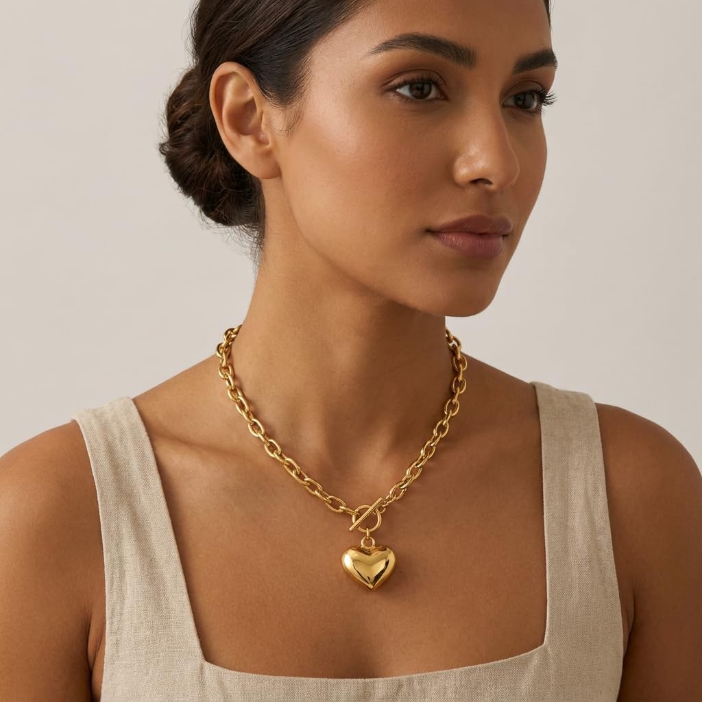 Chunky Gold Heart Necklace for Women, 18K GoldPlated Link Chain with Puffy He…