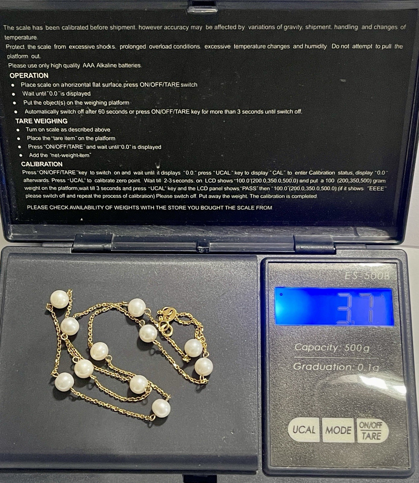 SOLID 14K YELLOW GOLD PEARL STATION CHAIN NECKLACE / 17″ LONG / 3.7 GRAMS