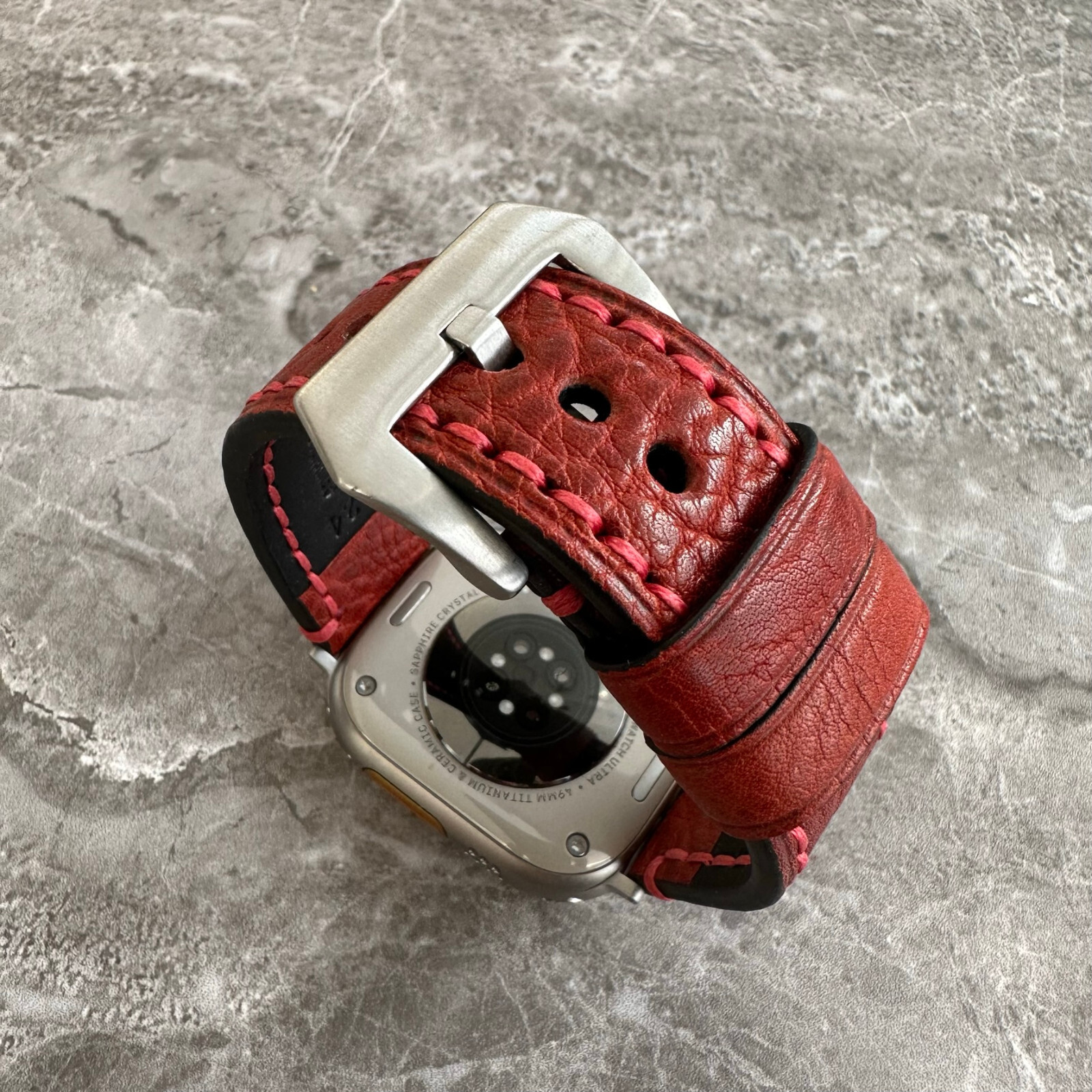 Premium Thick Red Lychee Leather Watch Strap Band For Apple Watch Ultra 1 2 49mm