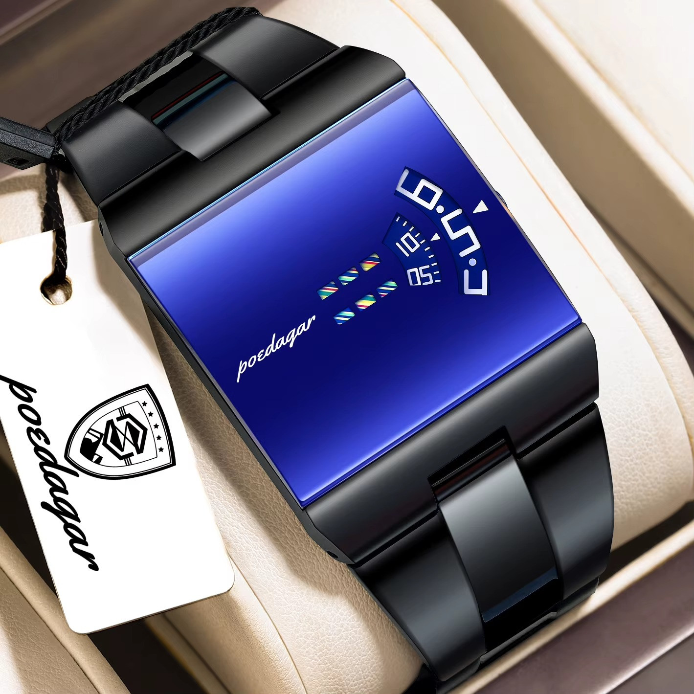 Men’s Watch Stainless Steel Quartz Waterproof Rectangle Luxury Stylish POEDAGAR