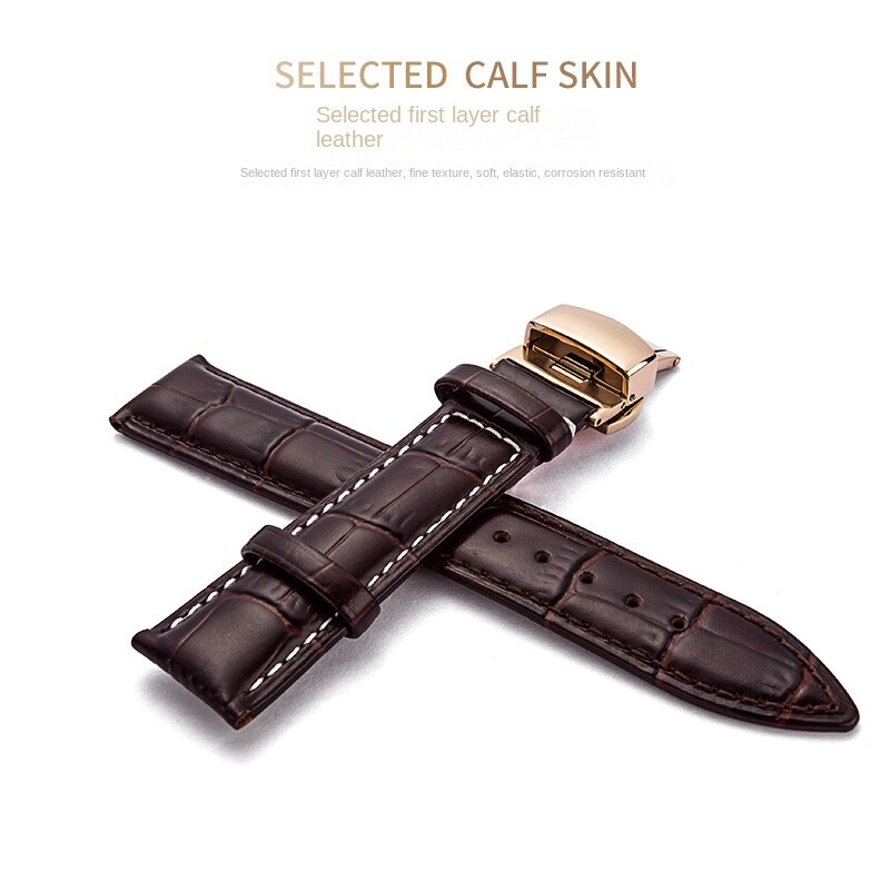 Premium Genuine Leather Watch Strap Butterfly Buckle Crocodile Grain Band12-24mm