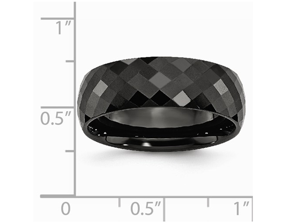 Mens 8mm Faceted Black Ceramic Wedding Band Ring