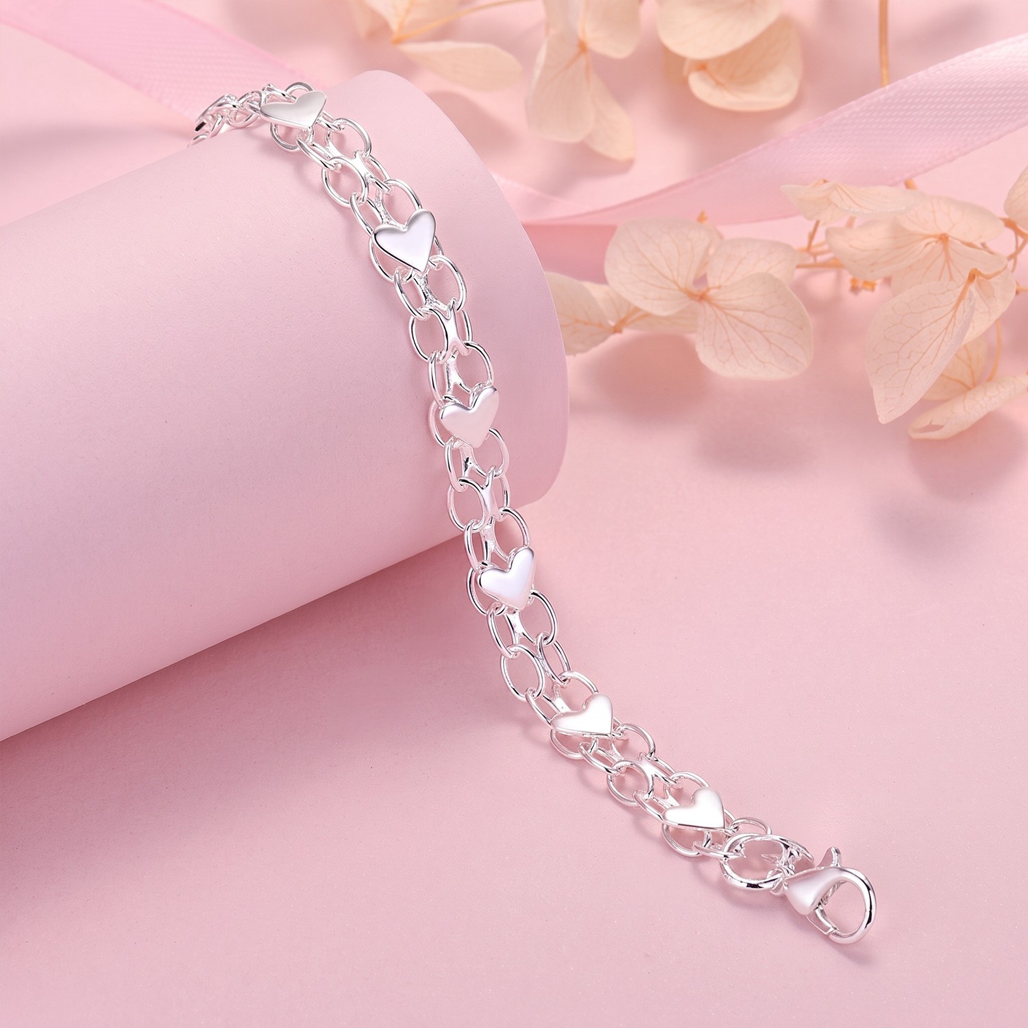 Beautiful Double‑Chain Love Heart Link Bracelet Silver for Women Jewelry Girls