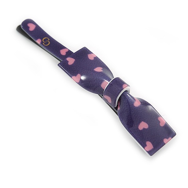 1Pcs Purple with Pink Hearts Acrylic Bow Hair Grip/ Slide In Black Tone Metal –