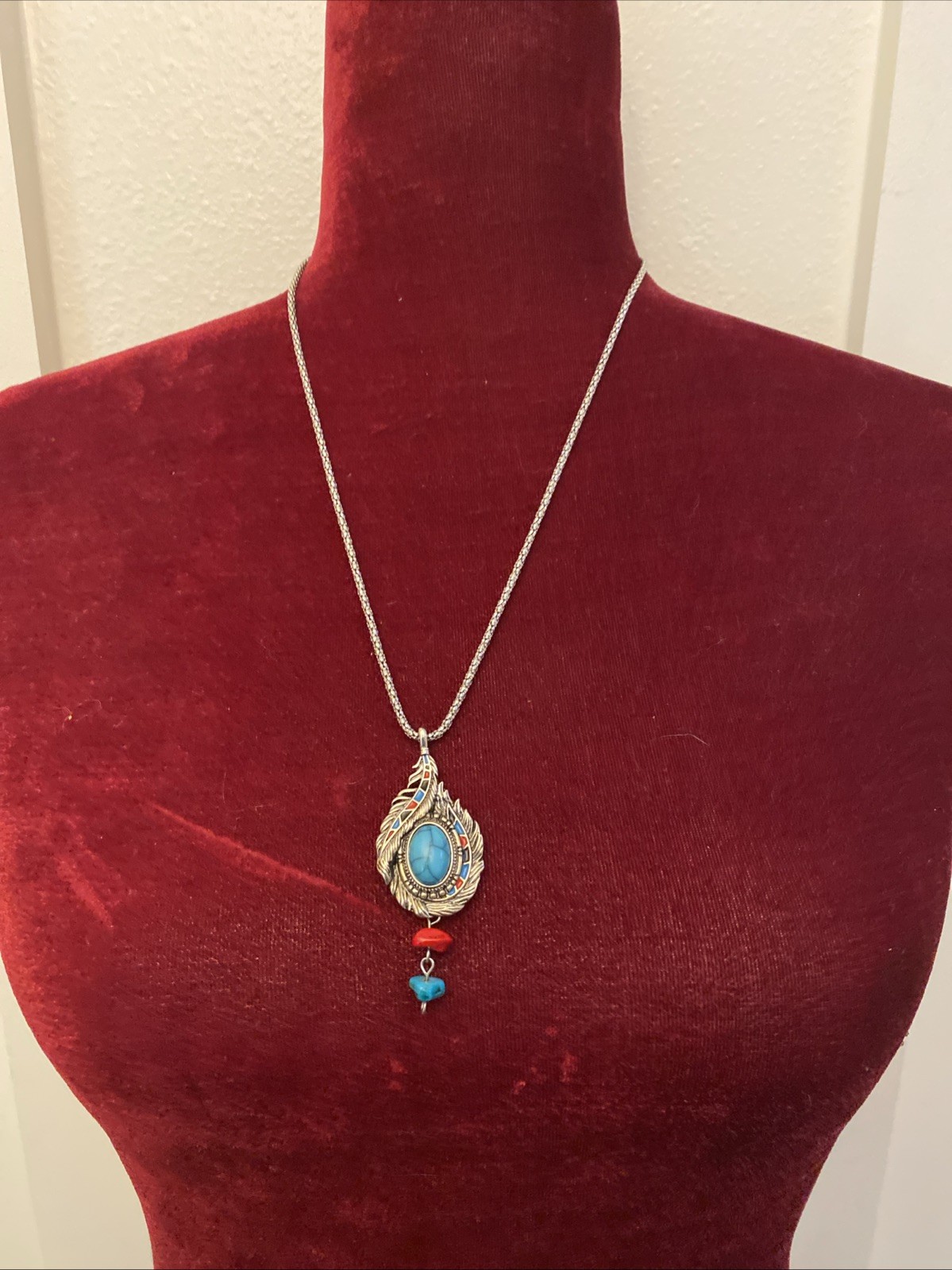 Southwest Enamel Faux Turquoise Feather Pendant 20″ Necklace Silver Plate #52