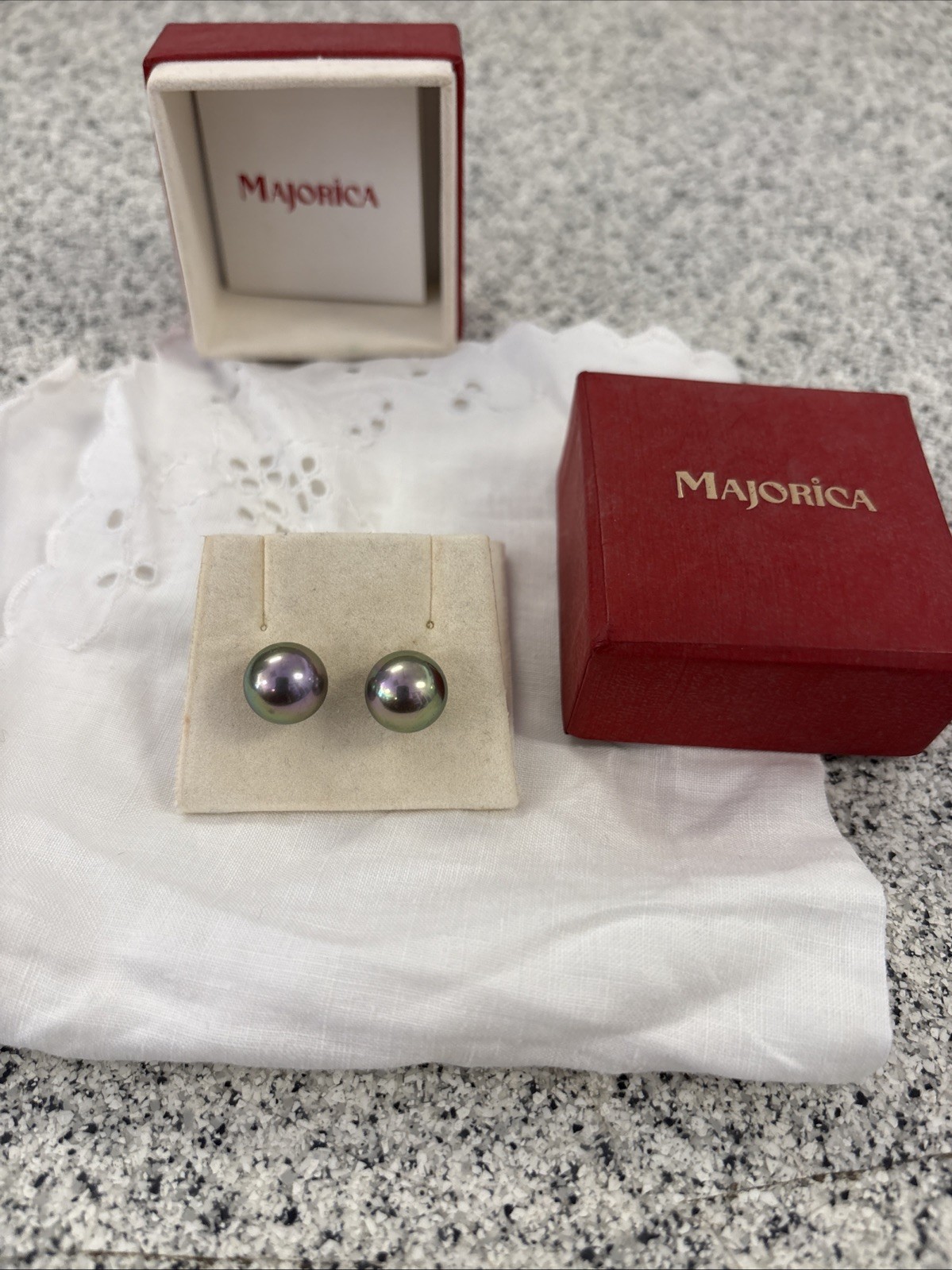 Vintage MAJORICA Sterling Silver Vermeil Gray Pearl Stud Earrings W/Original Box