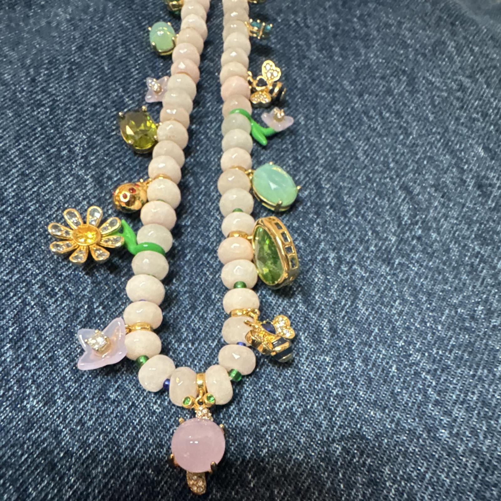 kate spade new york Pink Beaded Charm Necklace Green Heart Glass Pendant