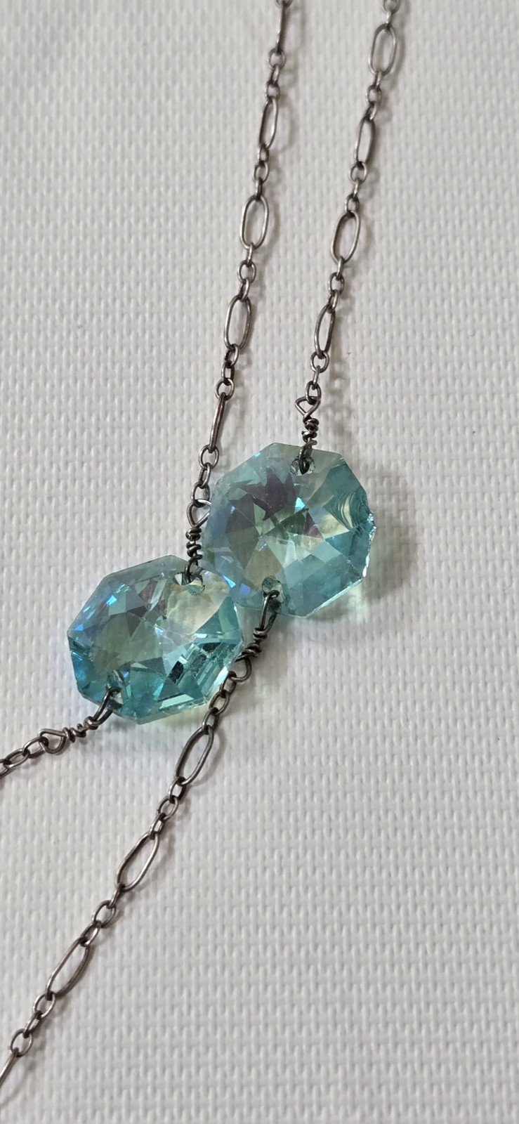 Vintage 925 Starling Silver Blue Crystal 41″ Long Station Necklace