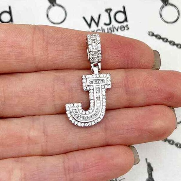 18K White Gold Over Silver CZ Initial Letter Charm Pendant 1.2″