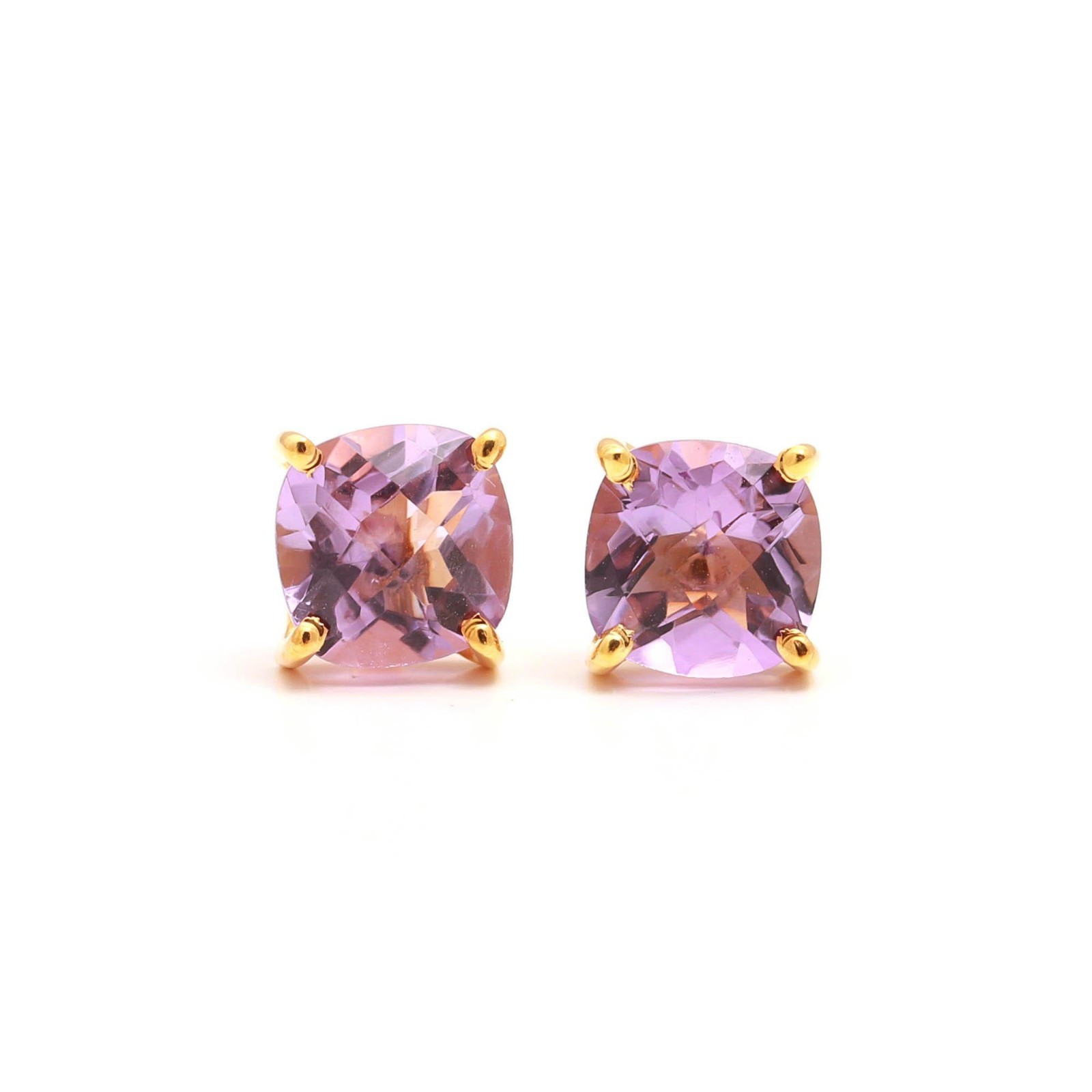 100% Natural Pink Amethyst Cushion Stud Earrings Gold Fill Solid Silver Jewelry