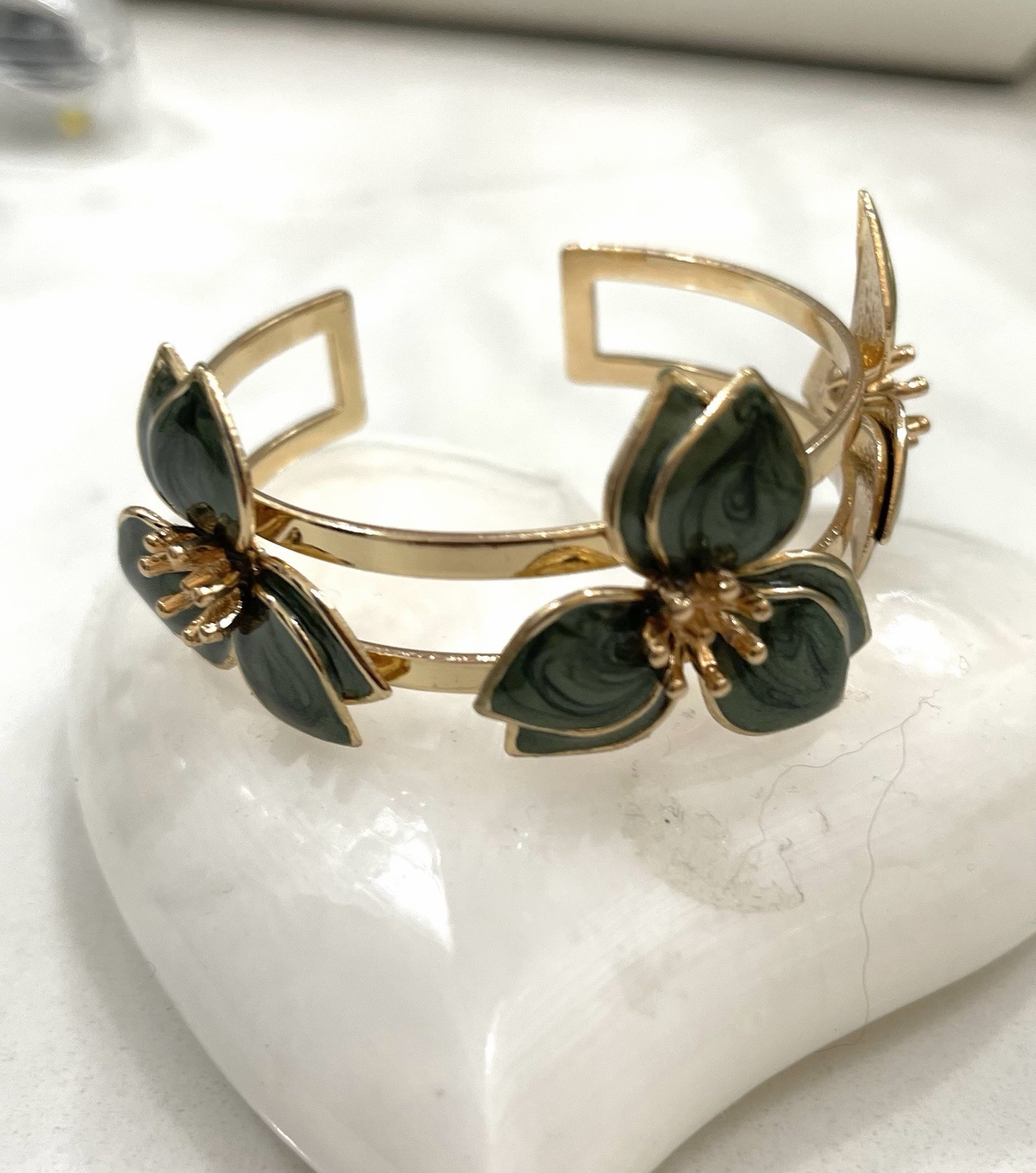 Gold Tone Green Enamel Flower Cuff Bracelet Adjustable Nature Theme