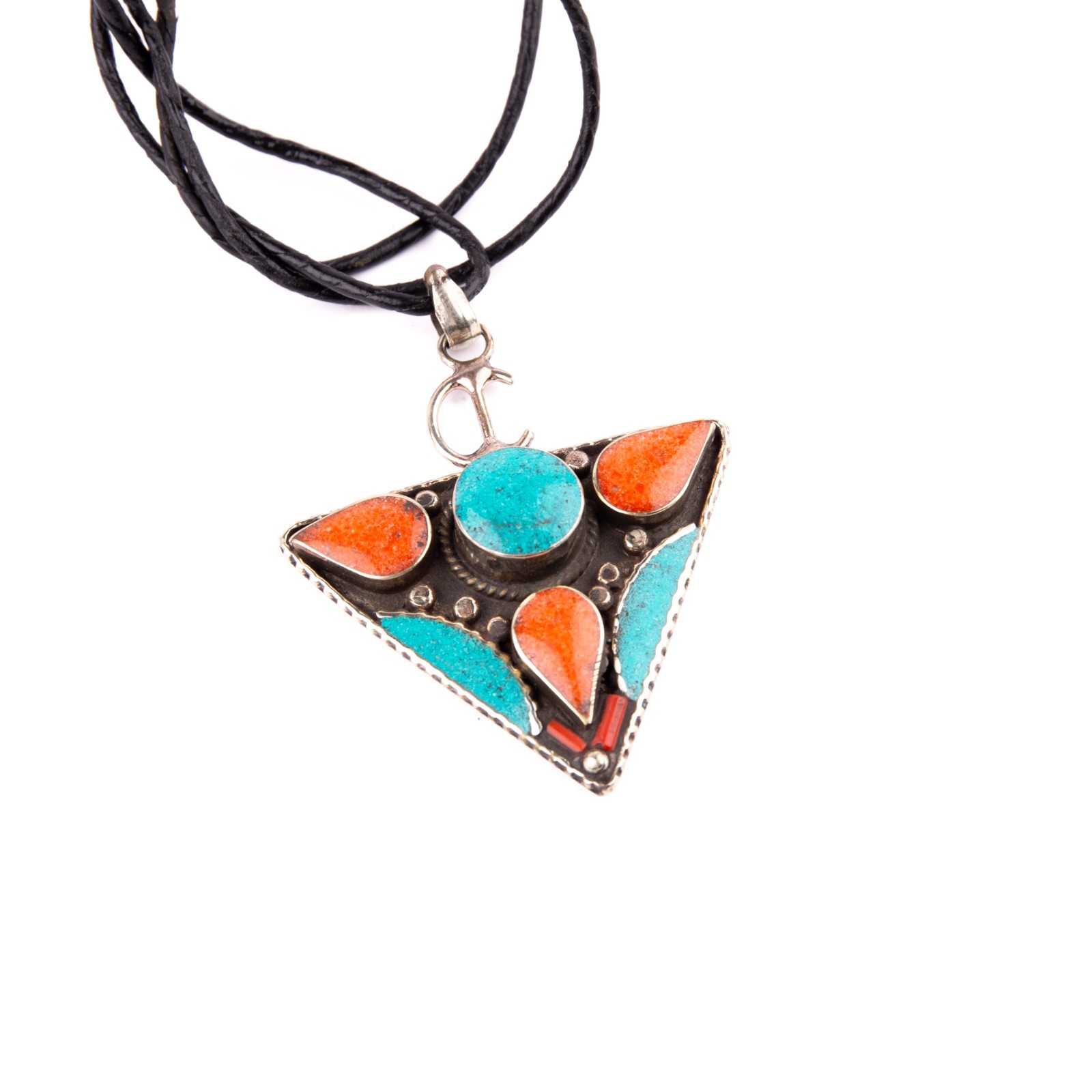 Tibetan Pendant, Tazerzit Pendant, Turquoise Stone Amulet Coral, Handmade