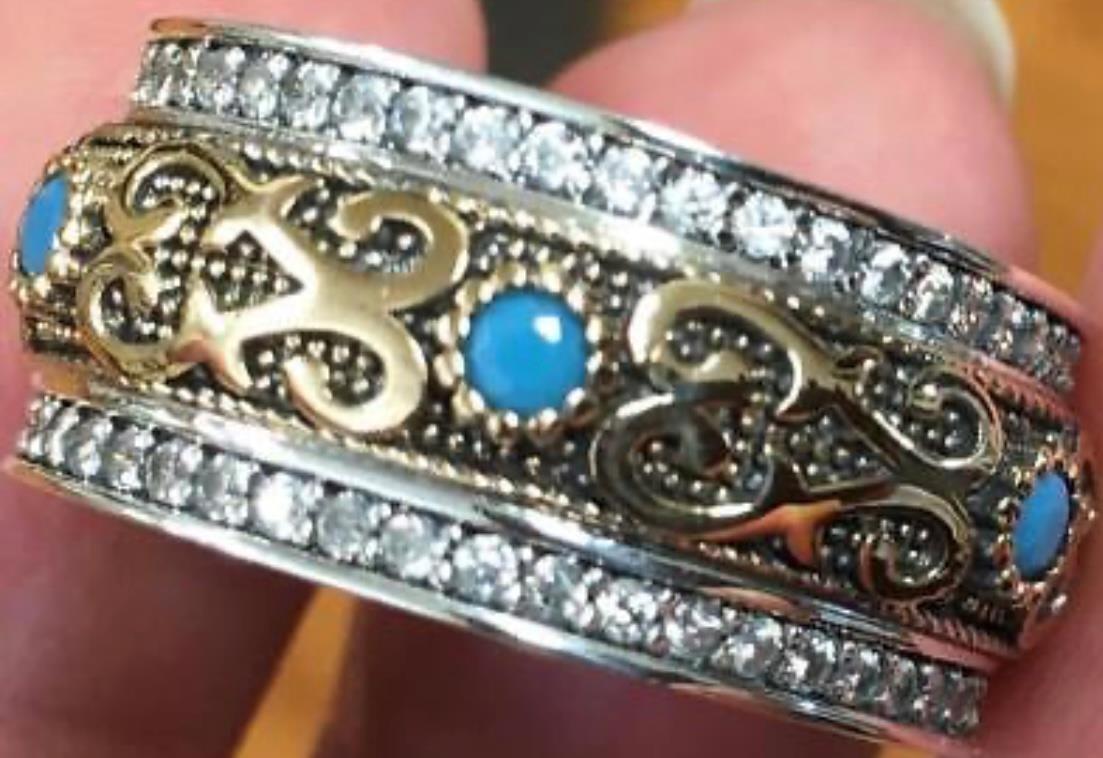 REAL Blue Turquoise & Diamond SOLID 14K Gold 925 Band Ring Etruscan Rev. Size 11