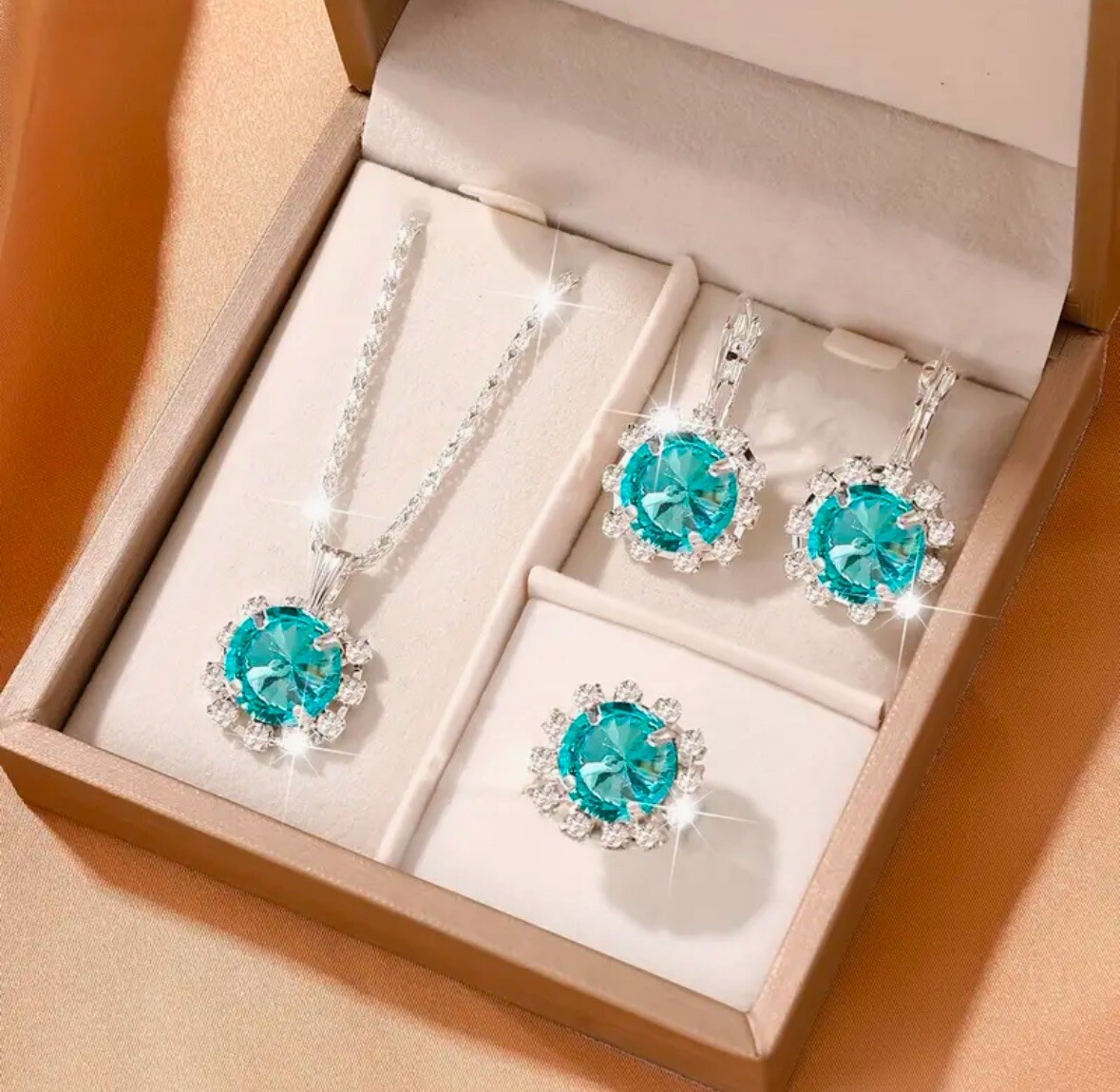 3 PC Classic Cubic Zirconia Necklace, Adjustable Ring, Earring Set Women’s 🔥