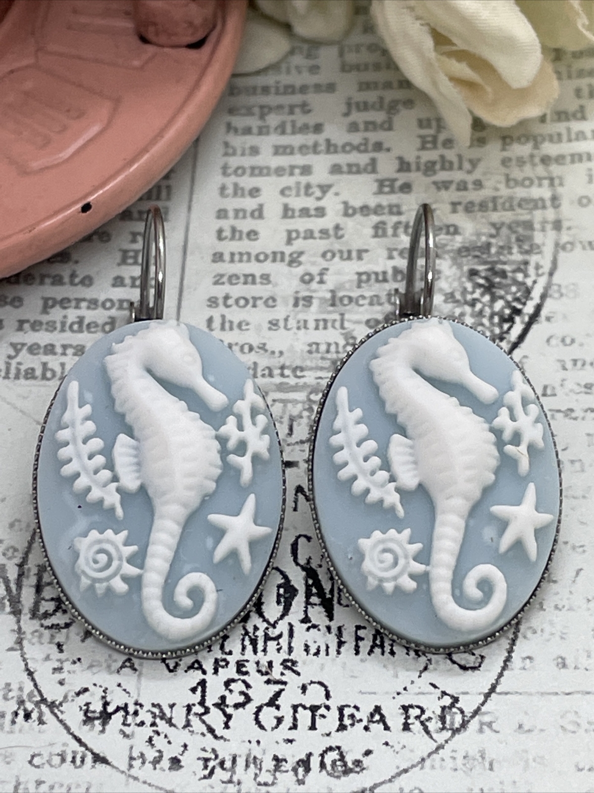 Seahorse Blue Silver Wedding Gift Anniversary Earrings Cameo Birthday Sea Life