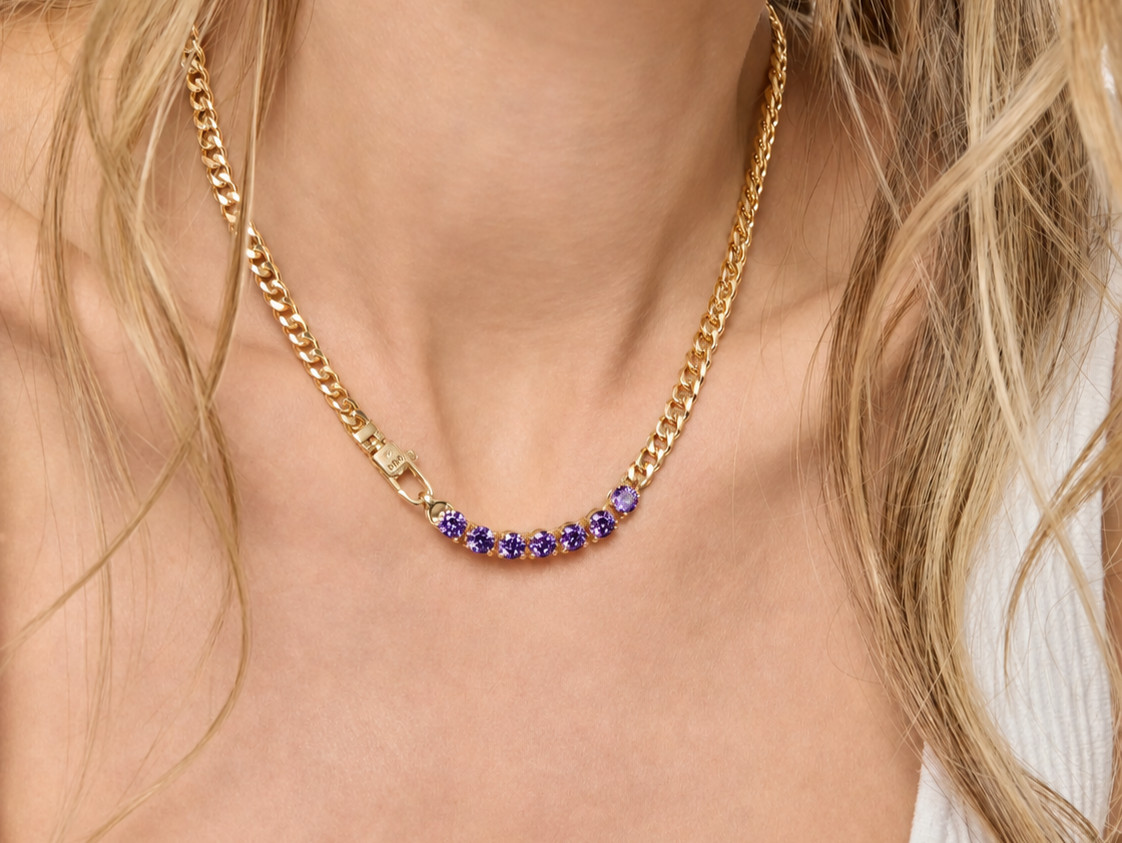 Lab Created amethyst link Chain necklace 925 silver metal necklace