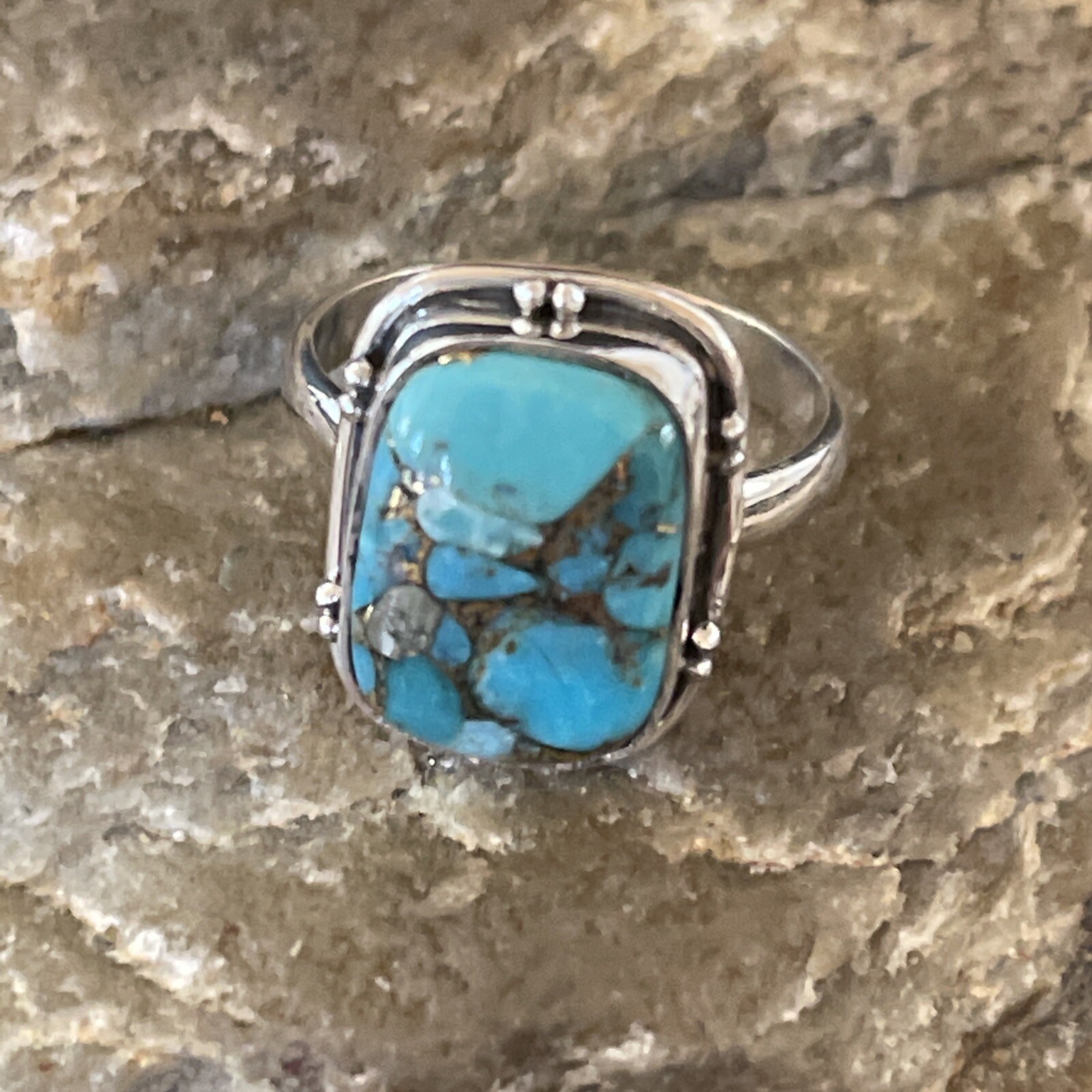 Native Mohave Navajo Sterling Silver Blue Turquoise Ring Size 7 Set 11420