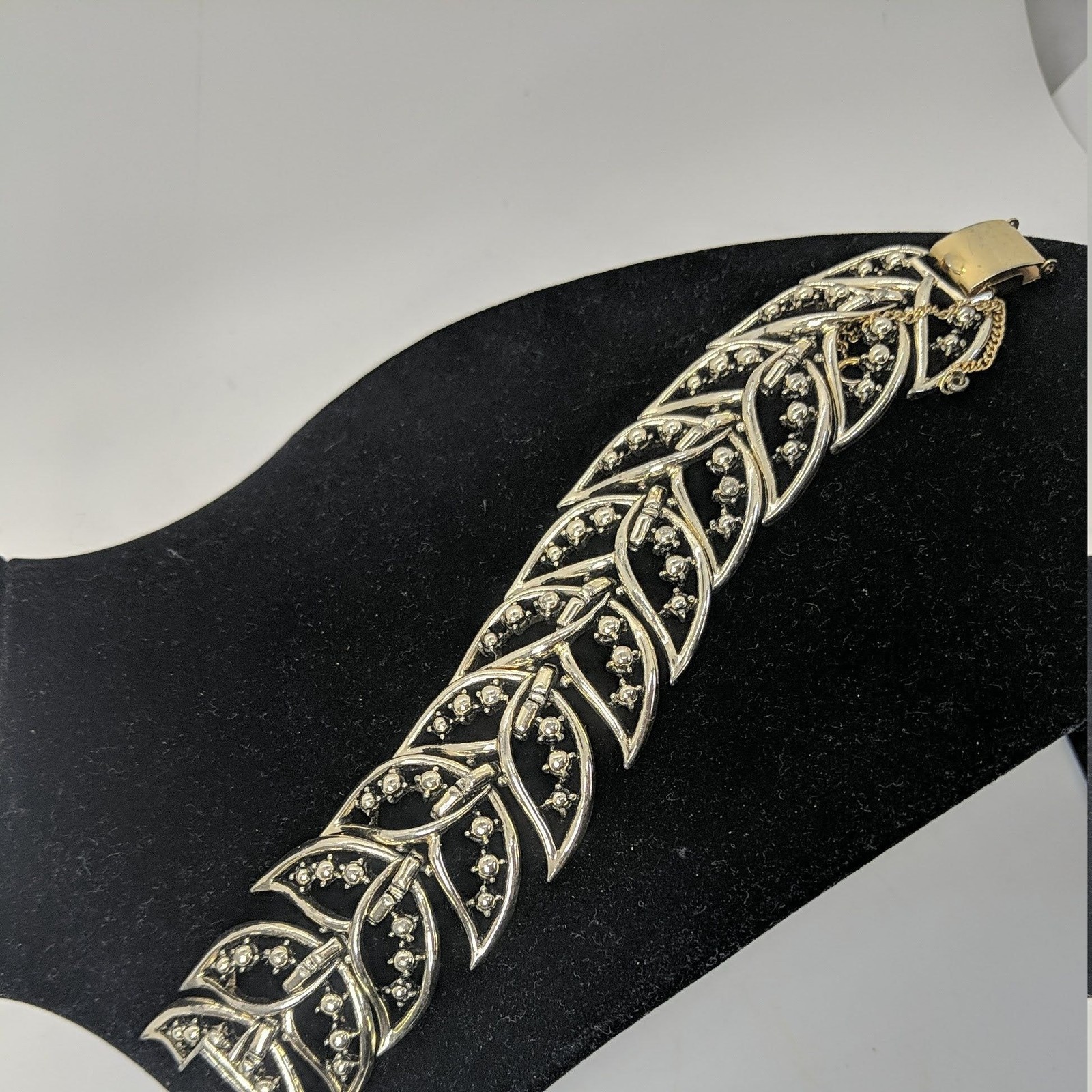 Rousseau Link BRACELET Gold Tone Panels Tail Leaf Fold Over Clasp Safety Chain