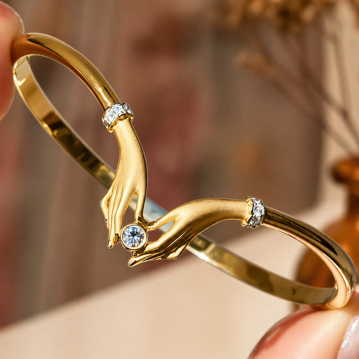 1Ct Lab Created Sapphire Sandblasted Love Hands Bangle 925 Sterling Silver