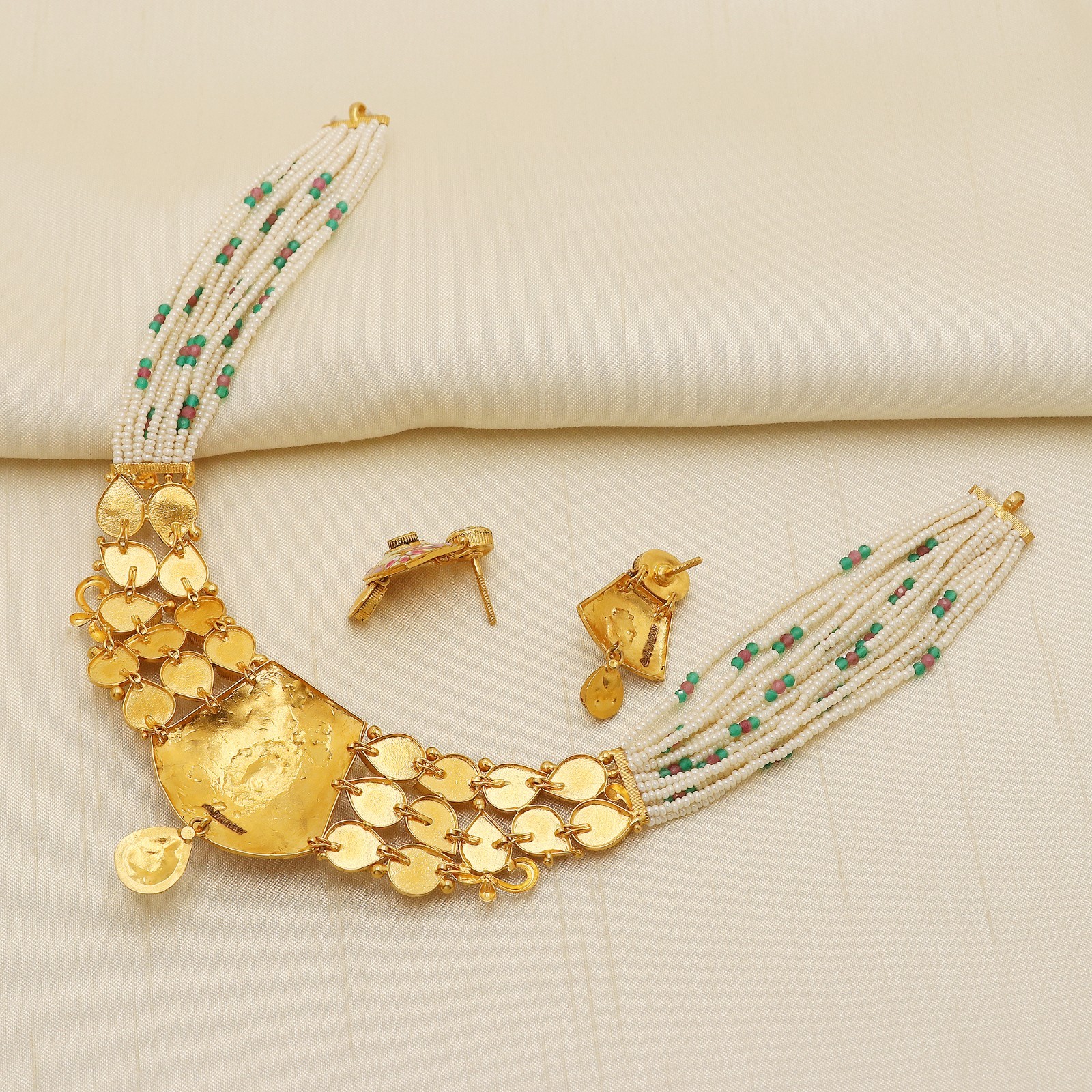 22K Yellow Gold Kundan Enamel Necklace Earrings Set Pearl Beads 25.11g