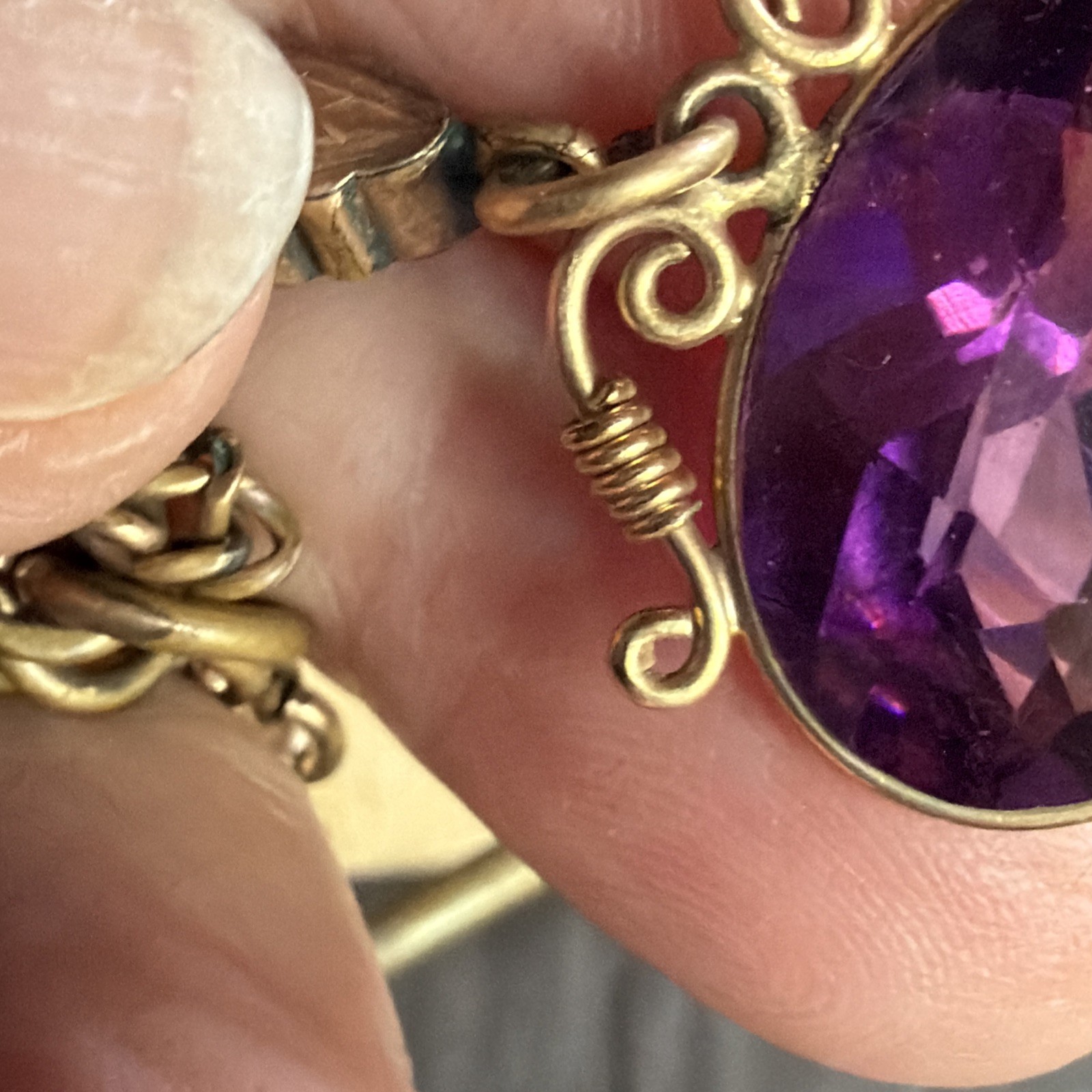 Victorian 23g Watch Chain 13” Gold Filled H.B. Co Gold Fill Purple Crystal Fob