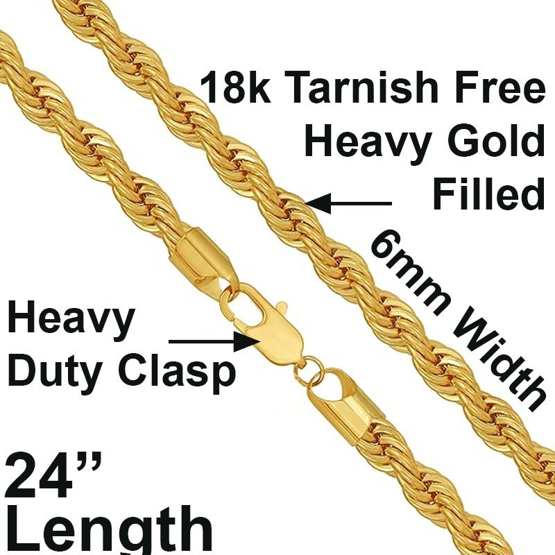 Solid 18K Yellow Gold Filled Tarnish-Free 24″ 6mm Italian Rope Chain Necklace