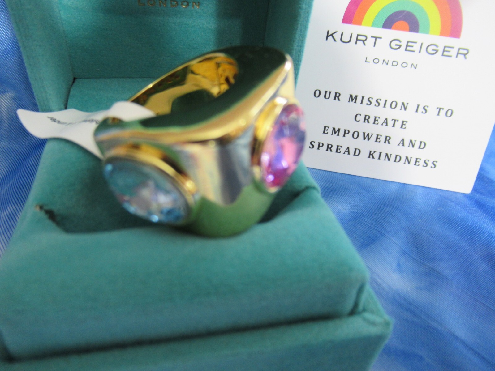KURT GEIGER LONDON Triple Stone Blue Pink Green Cocktail Ring Size 8 Imported NW