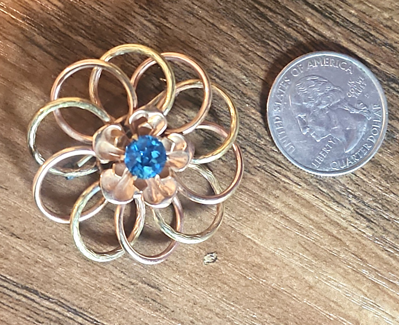 Vintage 1/20 10k Gold Filled Flower Brooch with Brilliant Blue Crystal Signed