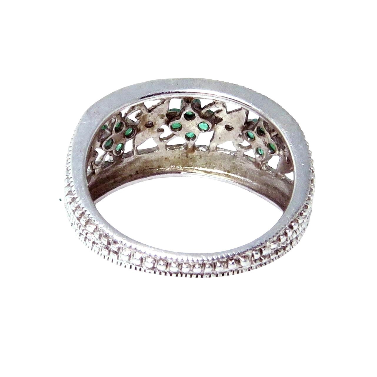 Vintage Sterling Silver Colombian Emerald & Diamond Filigree Ring w/Flowers