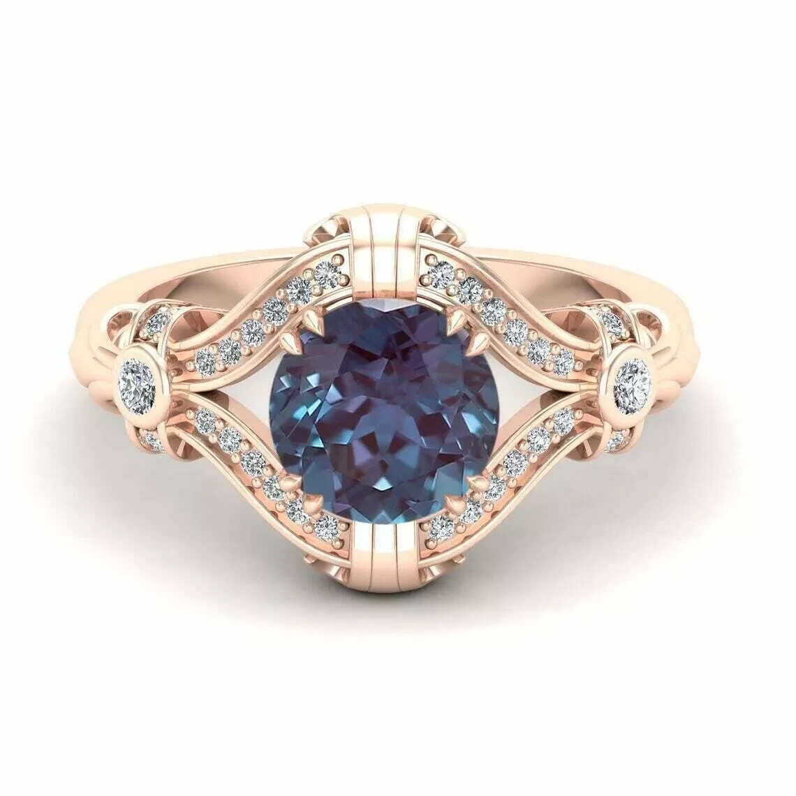 3Ct Art Deco Style Alexandrite Lab-Created Diamond Wedding 14K Rose Gold FN Ring
