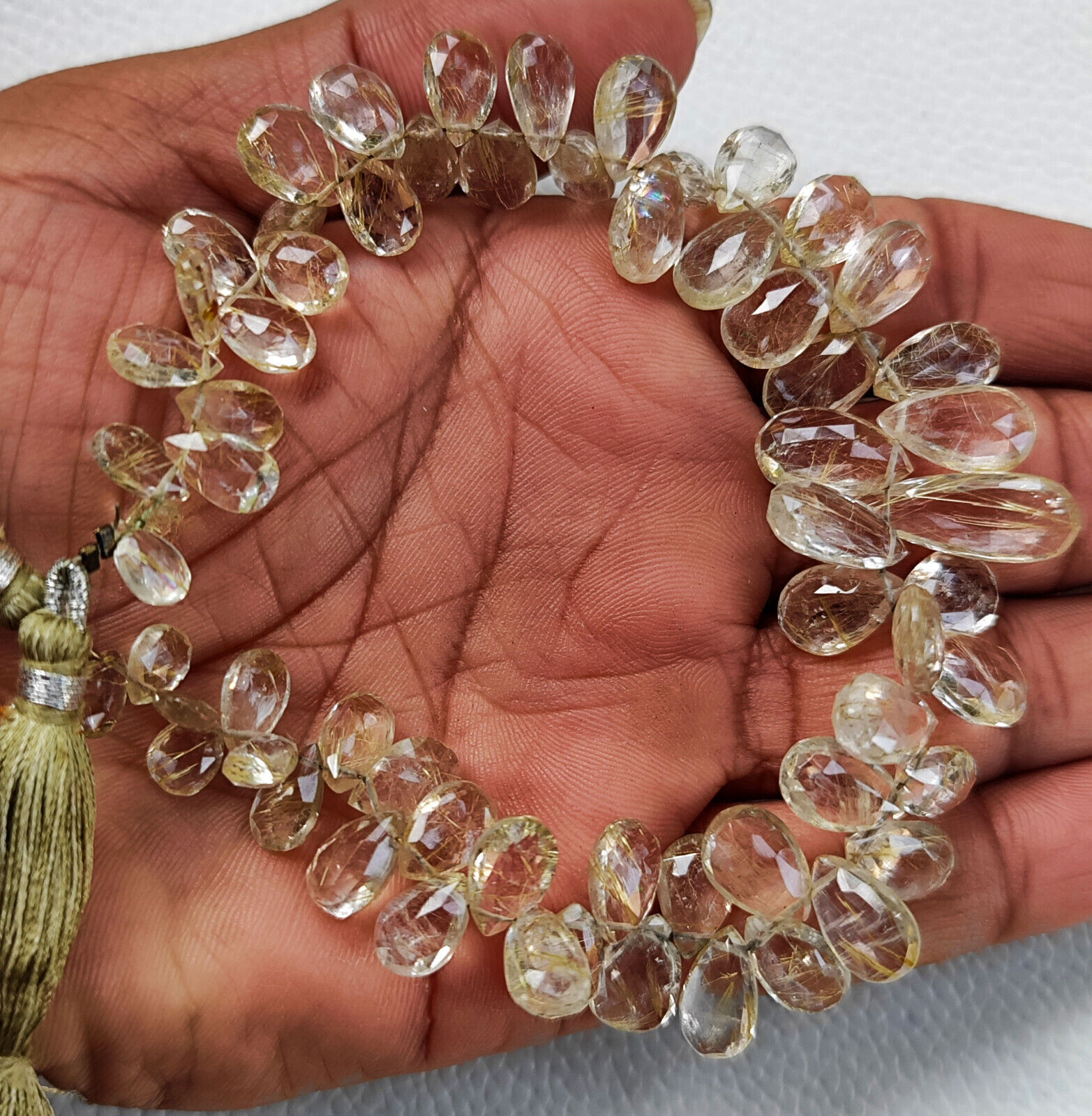 Natural Golden Rutile Quartz Gem 7×5 to 13x8mm Size Faceted Pear Beads 9″