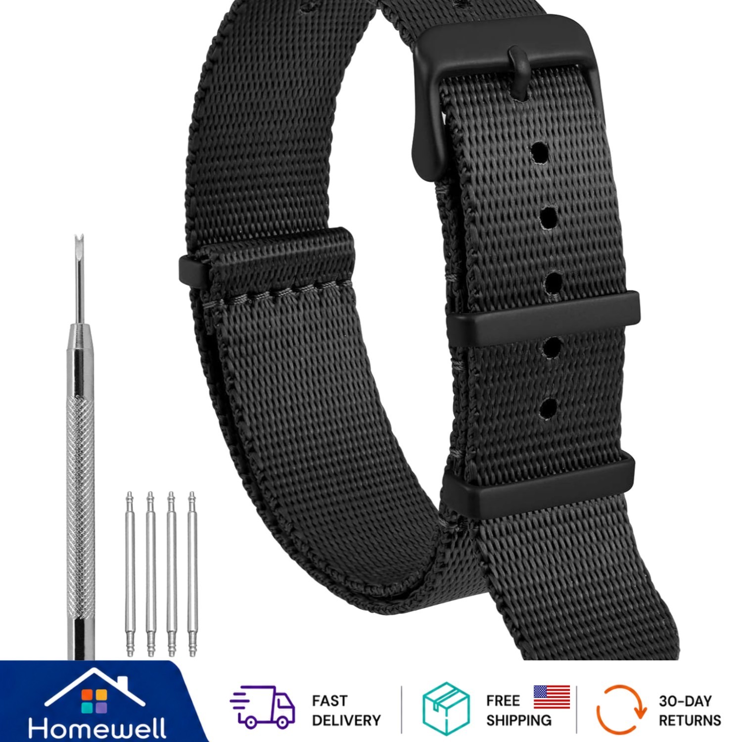 22mm Military Nylon Watch Band – Stylish Black Strap with Stainless Steel Buckle
