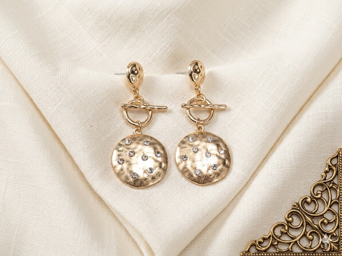 Coin Hammered Earrings Gold Museum Crystal Disc Toggle Statement VTG CZ Boho Art