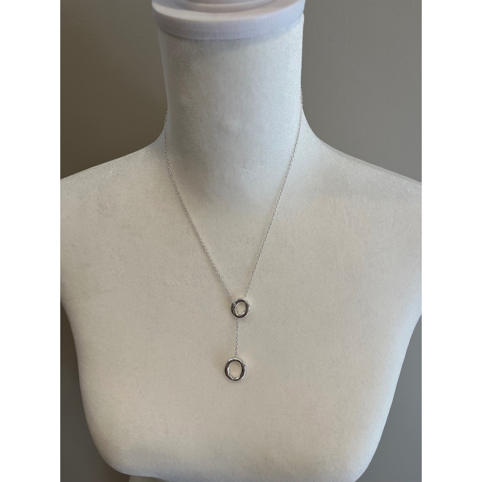 Silver Tone Double Open Circle Drop Pendant Necklace Minimalist Lariat Style