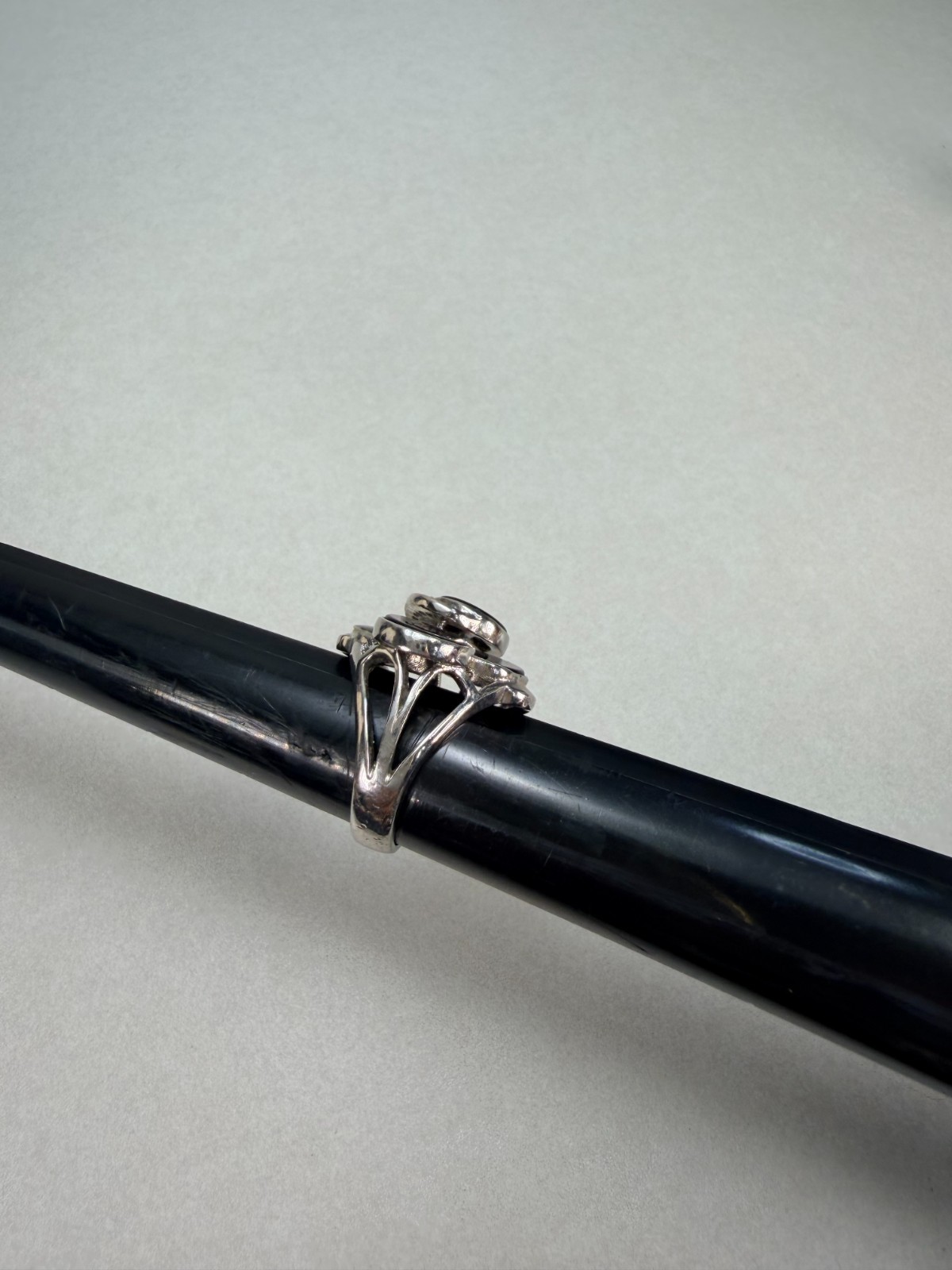 Modern Black Onyx Rhinestone Statement Ring Silver Tone Fashion Ring Size 7