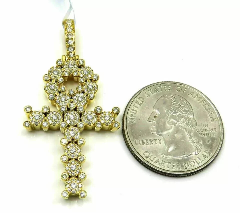 2Ct Round Cut VVS1 Diamond Ankh Cross Pendant 14K Yellow Gold Finish