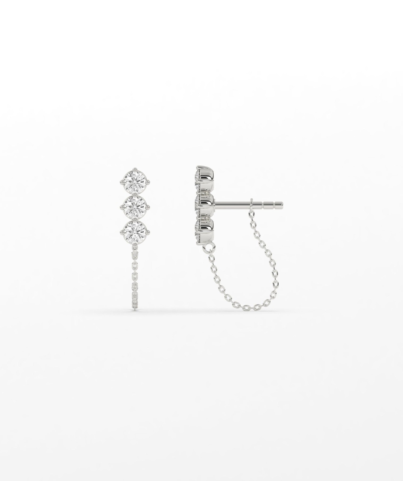14K Gold Round Lab Grown Diamond Three Stone Climber with Chain Loop Earrings