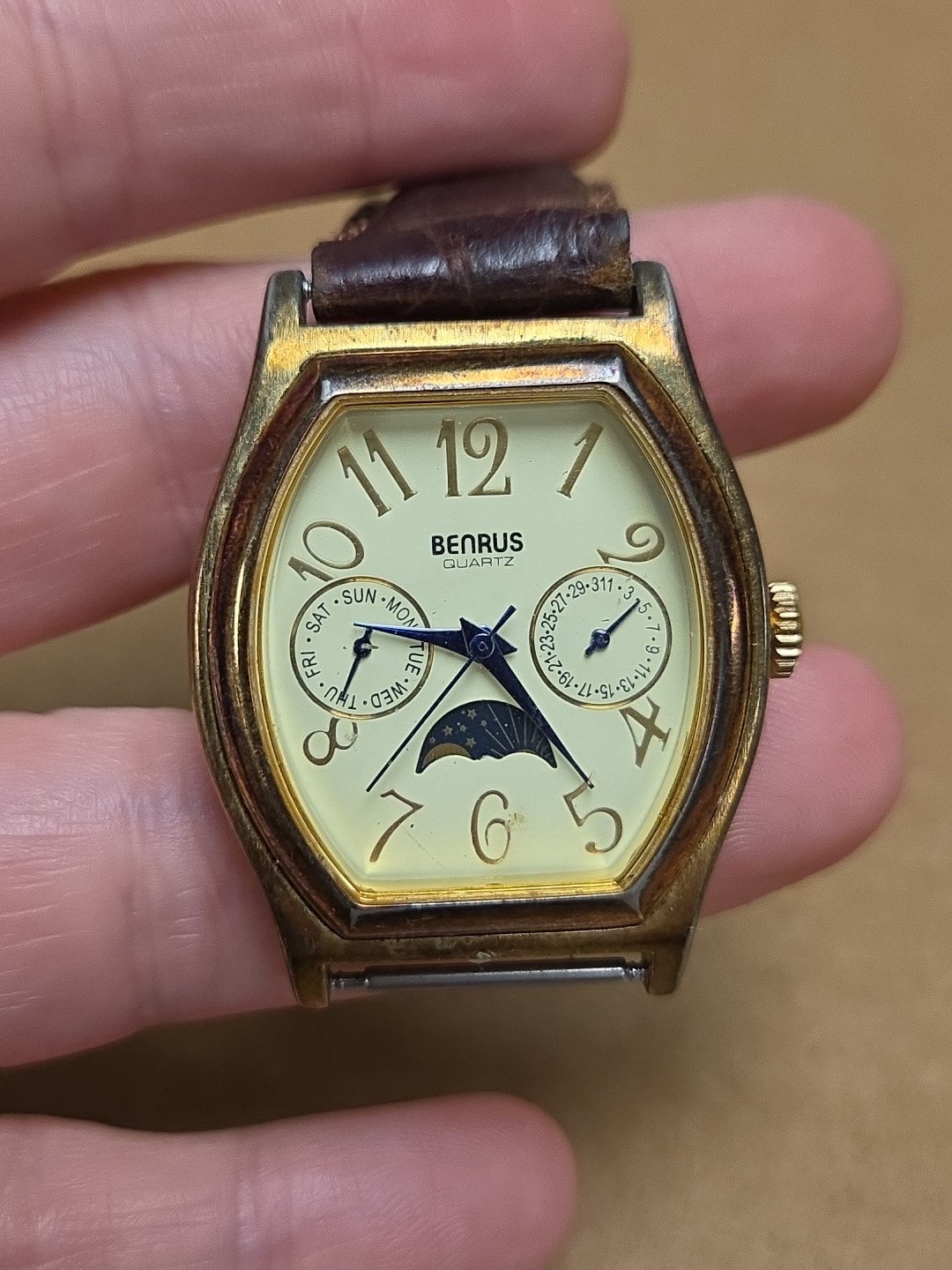 Benrus Quartz Moonphase Day Date Tonneau Watch Japan Mvmt BN545 *NEEDS BAND