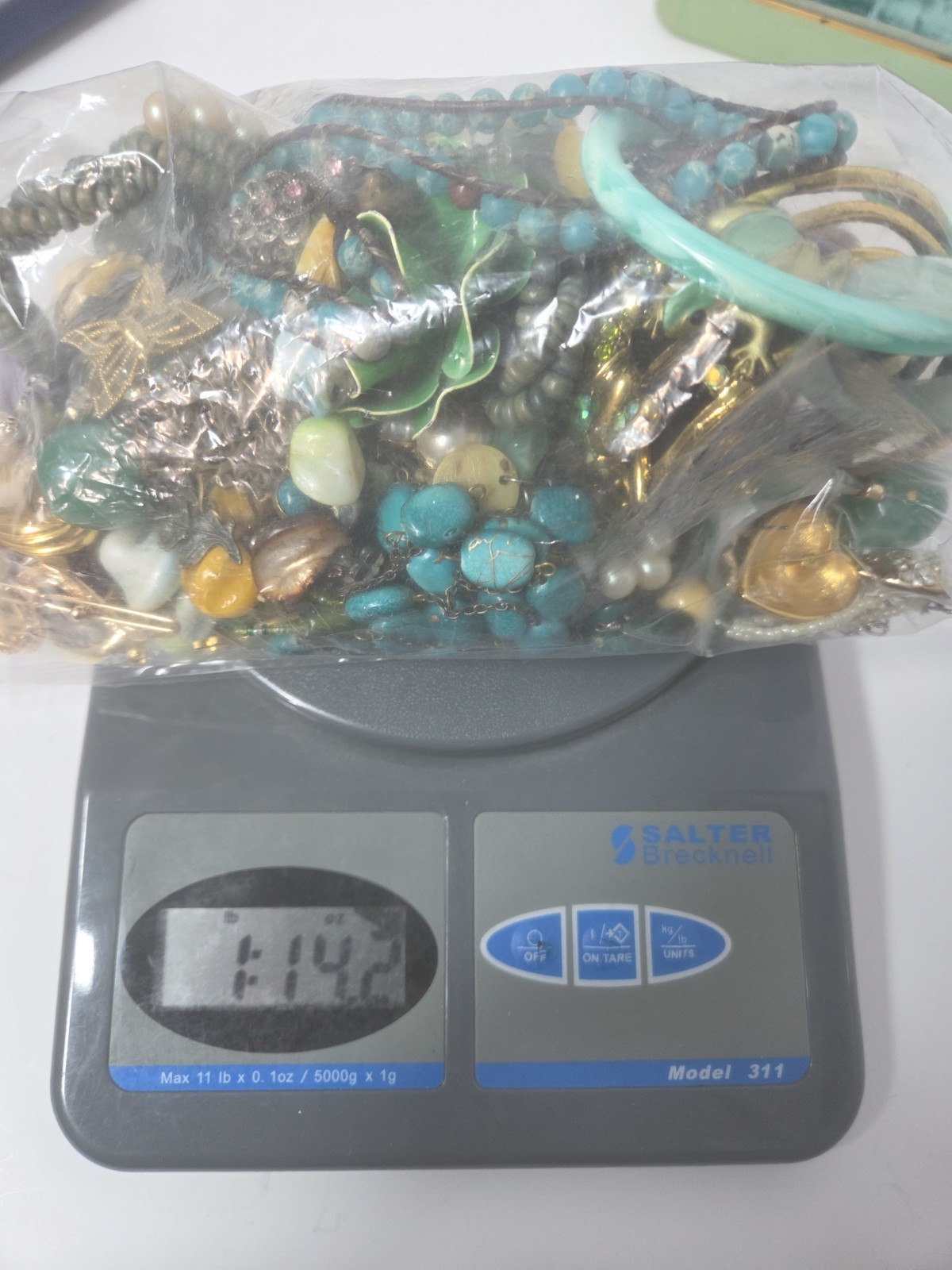 estate lot of vtg current green gold tone jewelry in farrington box wearable