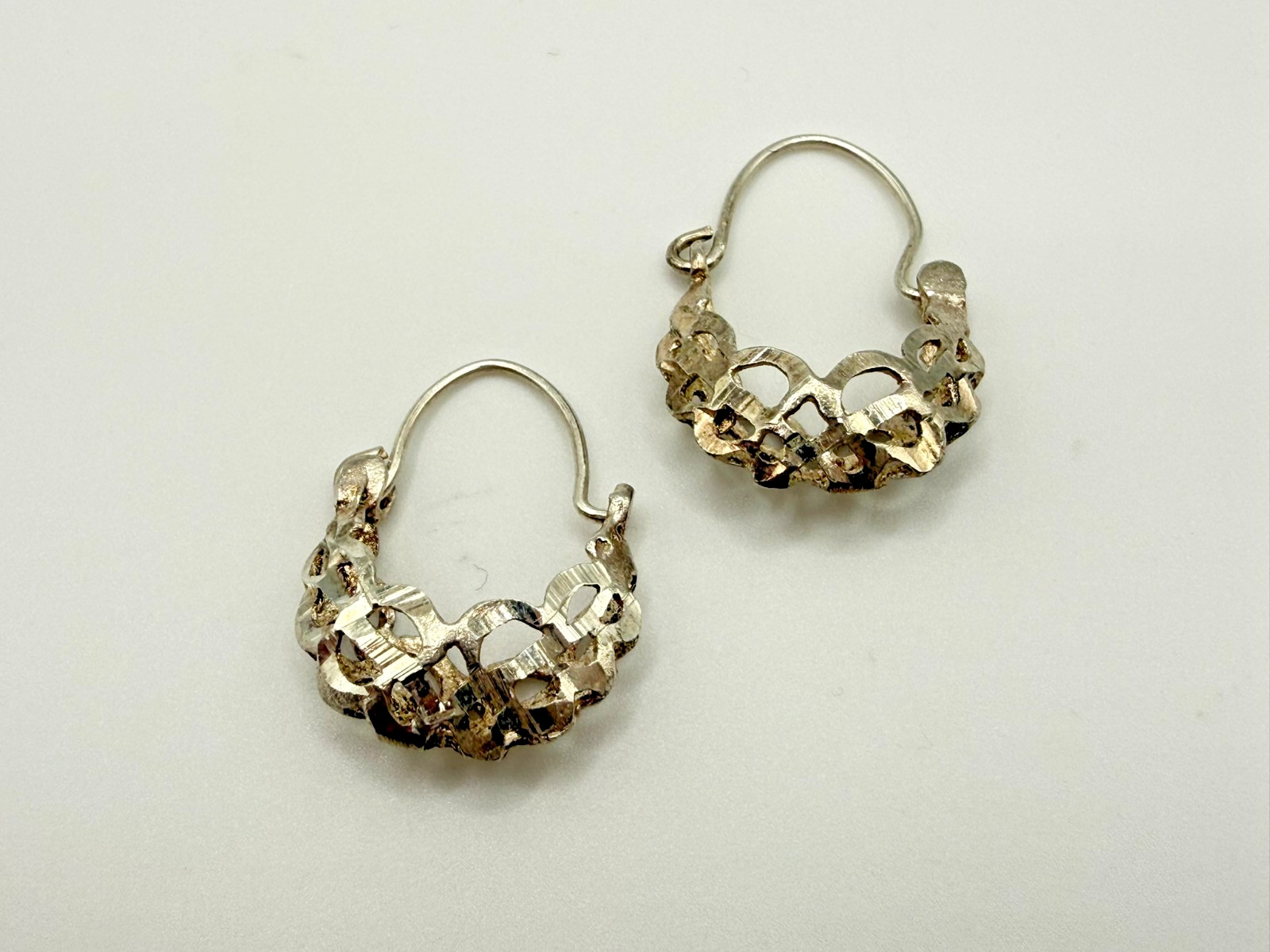 Silver Open Lattice Cutwork Crown Silhouette Hoop Earrings