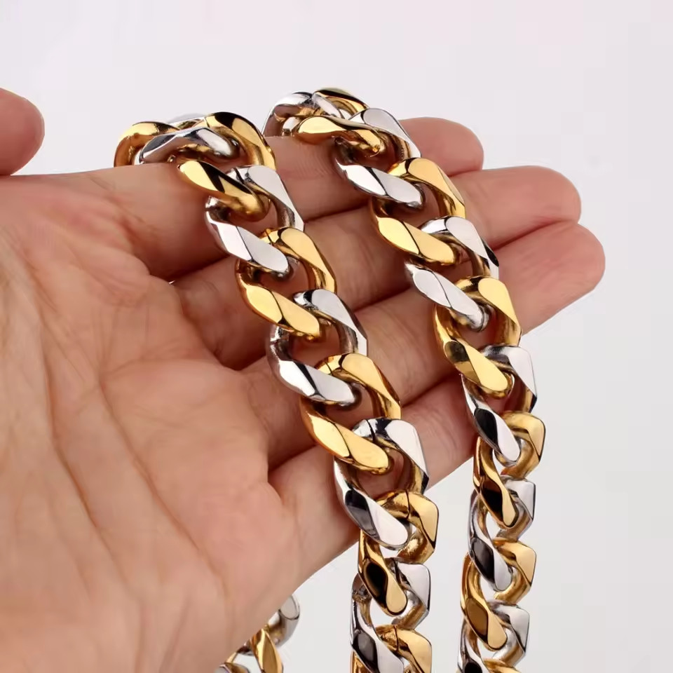 Men’s Black/Silver Tone Stainless Steel Curb Cuban Link Chain Necklace 16″-40″