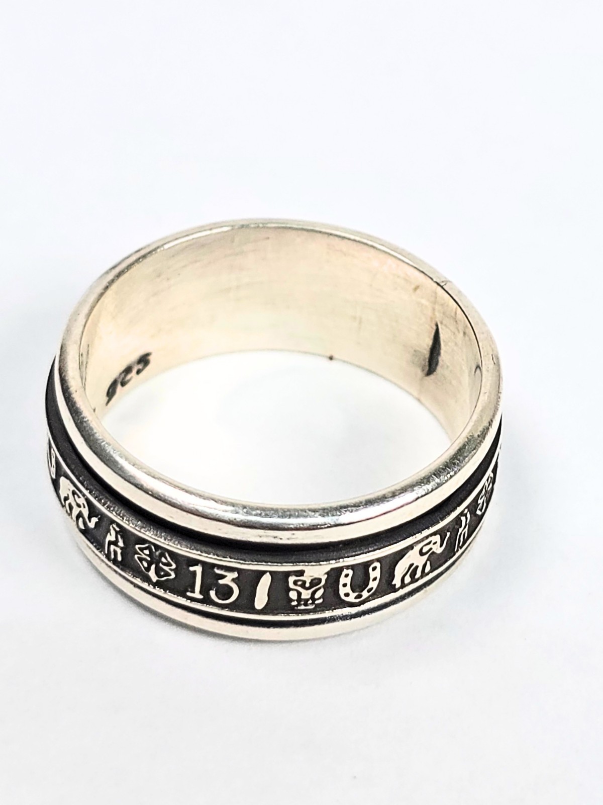 Spinner Ring Rotating Center Wide Band 925 Sterling Silver Good Luck Simbols #11