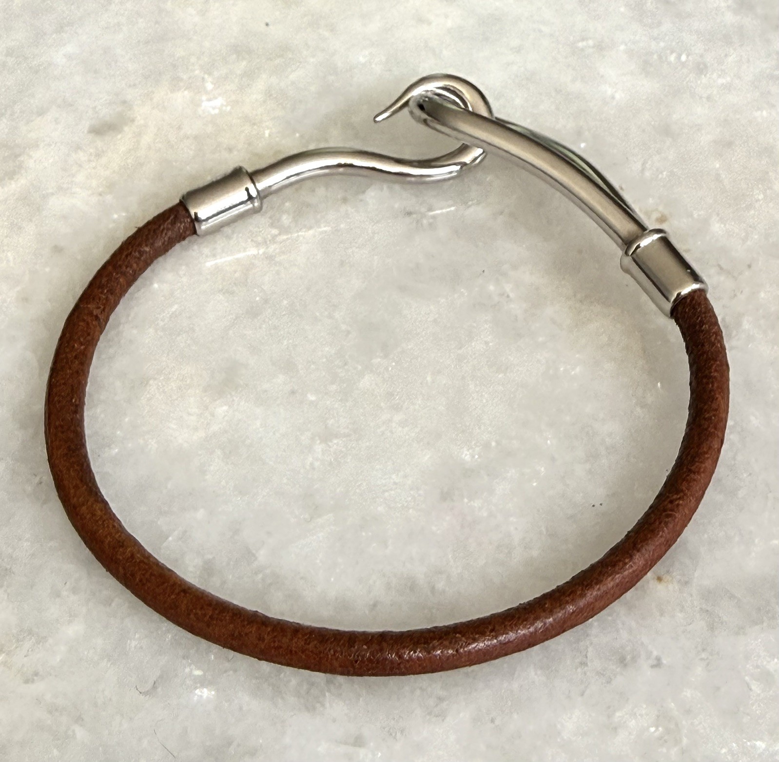 Hermès Palladium Plated Jumbo Hook Bracelet on Brown Leather cord