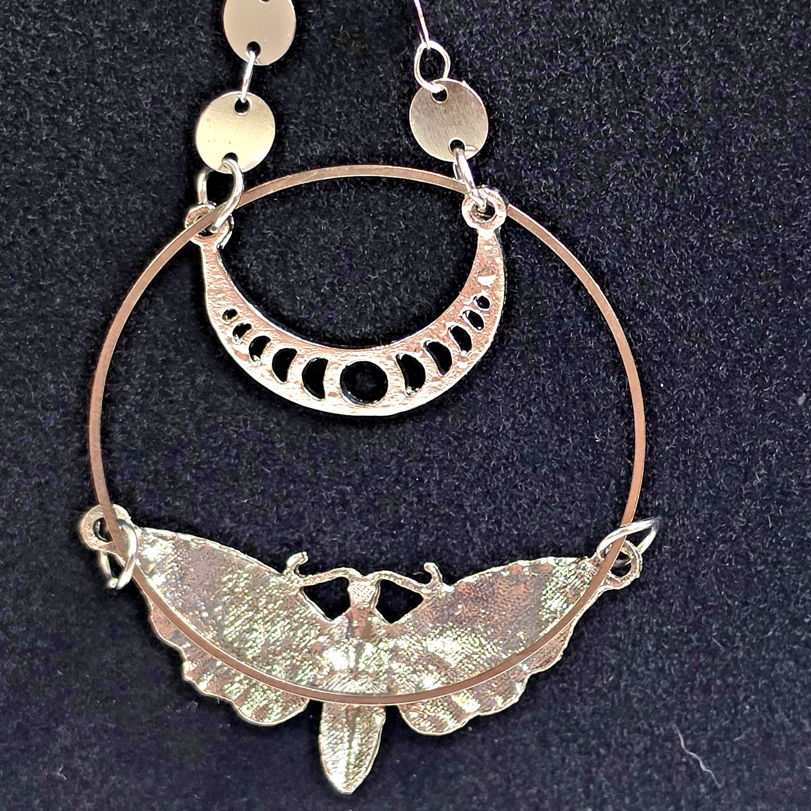 Moth & Crescent Moon Pendant 24″ Adjustable Necklace, Cable Chain Lobster