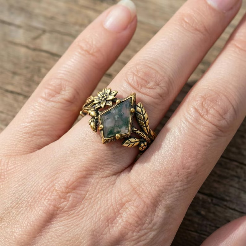 Kite Cut Moss Agate Floral Ring – Nature Inspired Gold or Silver Ring