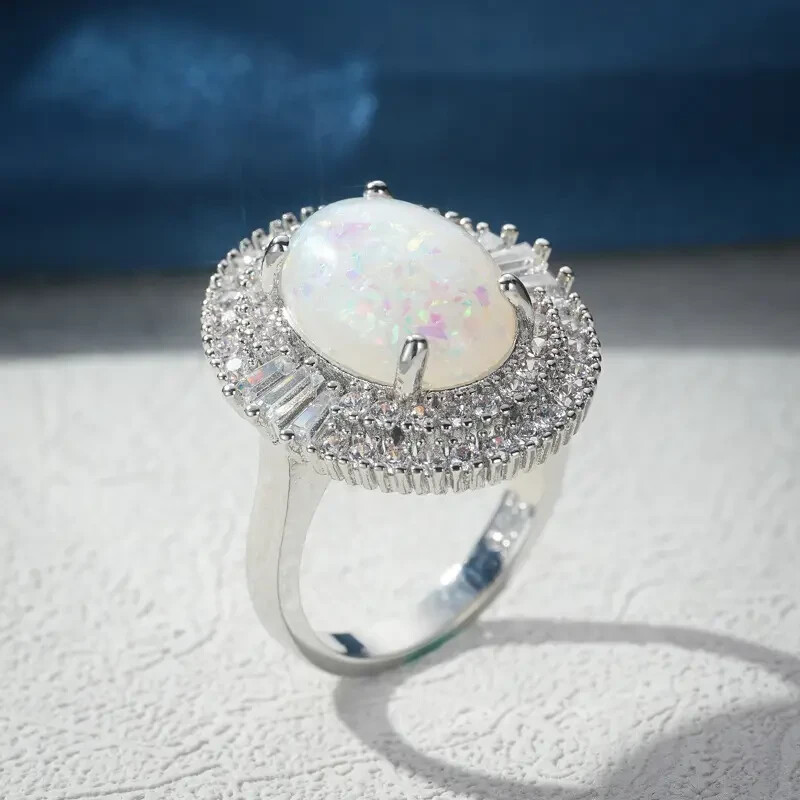 Elegant 925 Sterling Silver Rainbow Opal Charms Engagement Wedding Ring Size 8