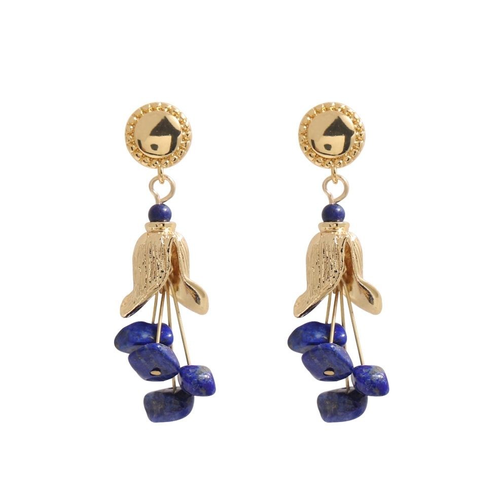 Lapis Lazuli Drop Earrings Gold Plated French Retro Blue Stone Dangle