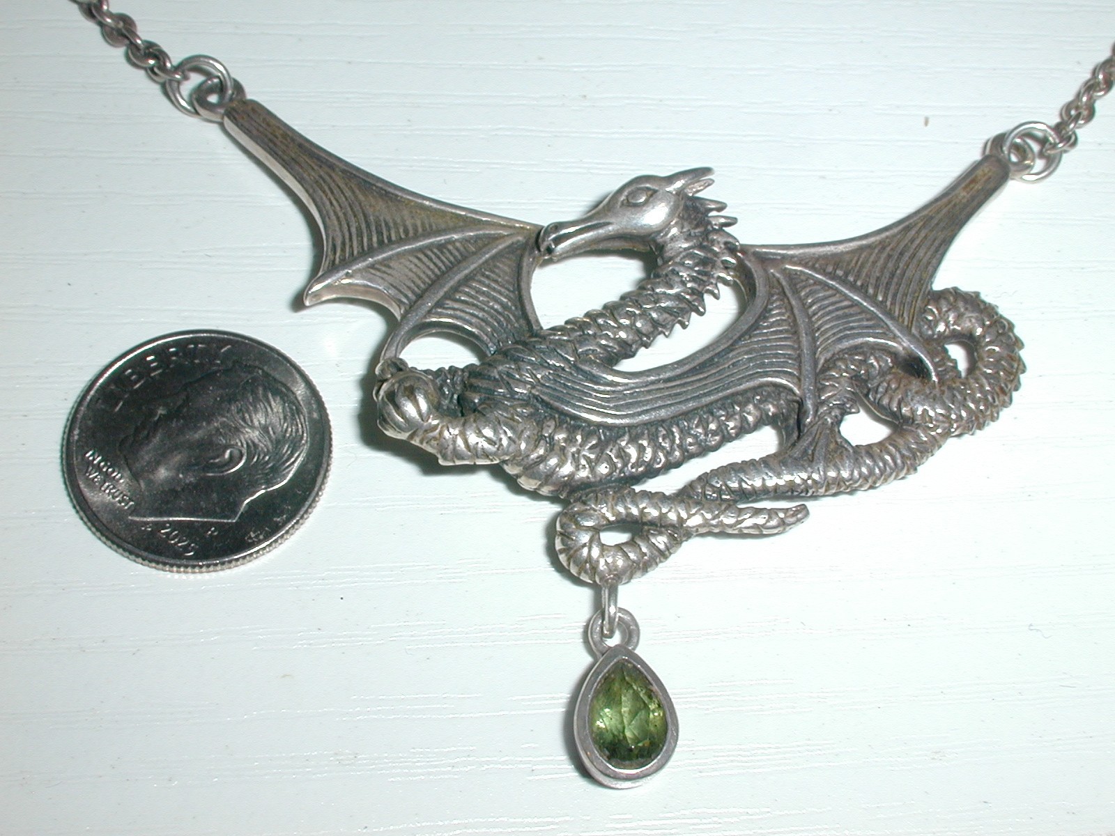 VINTAGE STERLING PSCL- MOLDAVITE DRAGON NECKLACE- ADJUSTABLE LENGTHS-16, 17, 18″