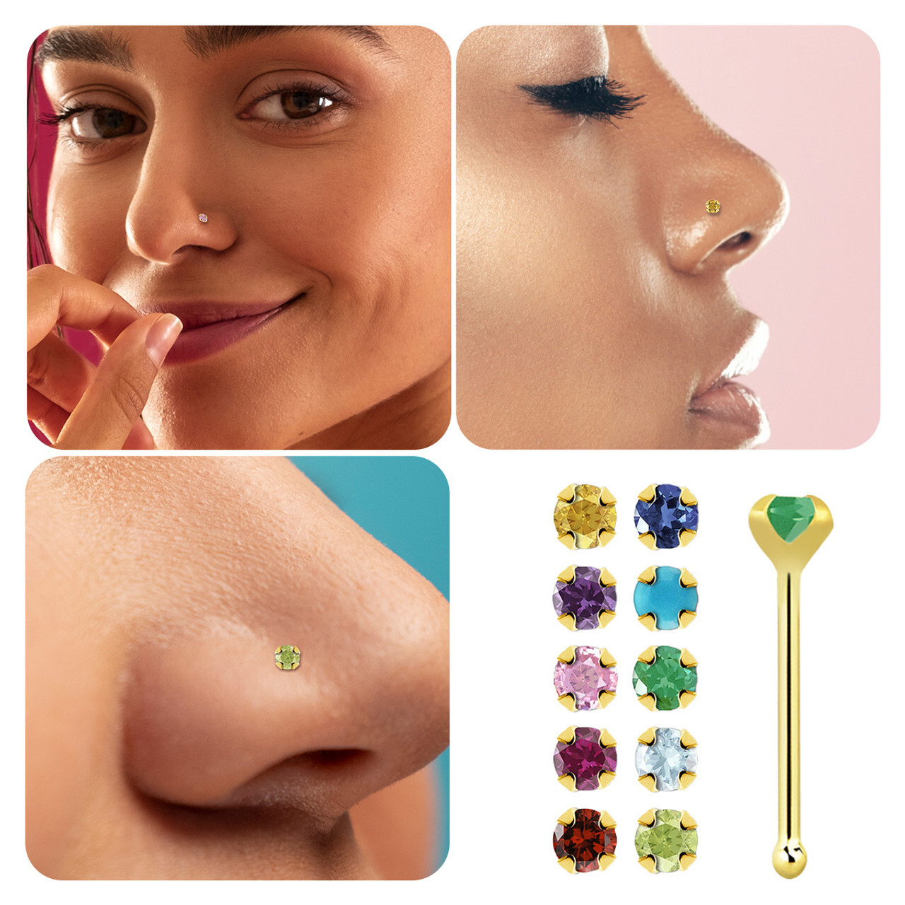 14K Solid Gold 22G Prong Set Top 2mm Precious Gems Nose Bone Ring Stud 6mm